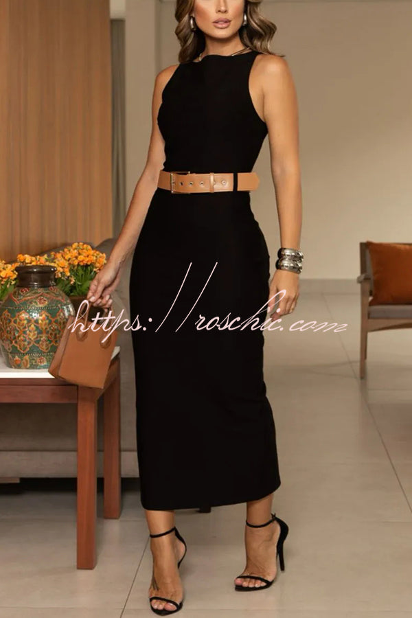 Solid Color Crew Neck Sleeveless Belted Midi Dress