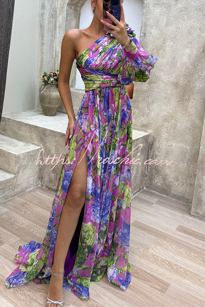 Let's Elope Floral Print Pleated One Shoulder Sleeve Slit Maxi Dress –  roschic