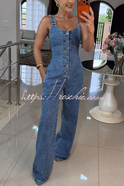 Heidi Denim Square Neck Button Back Smocked Pocket Flare Stretch