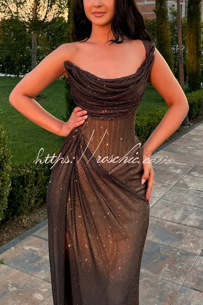 glitzy gala glitter fabric one shoulder ruched slit maxi dress Best Sellers NH August Wk 188 Blue and Green Floral reflective finish under event CAMO Colors:Mossy Oak New Brk Up
