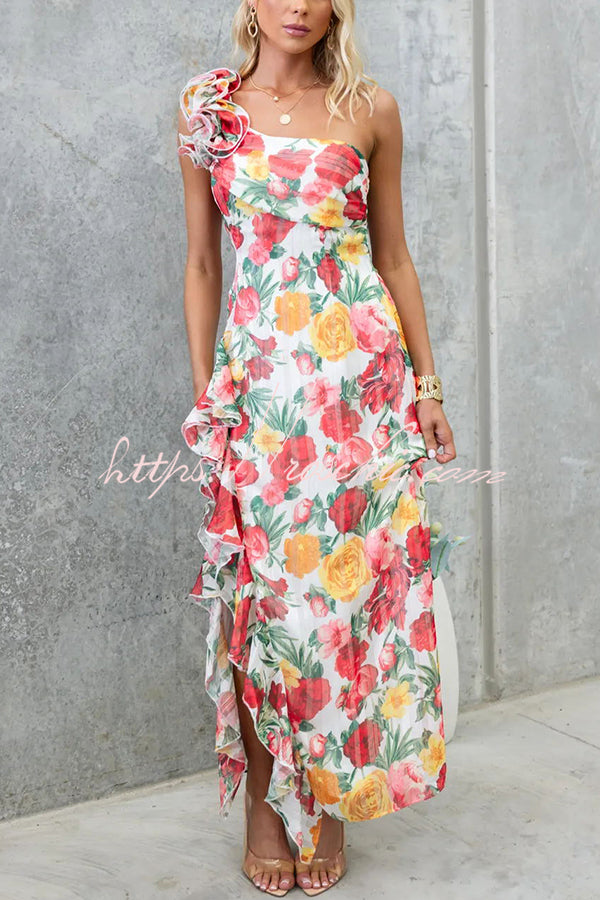 Tresia Frill One Shoulder Floral Print Ruffle Slit Maxi Dress