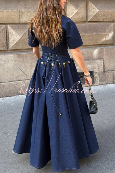 Custom Look Denim Unique Metal Pattern Buttons Lace-up Waist Crisp