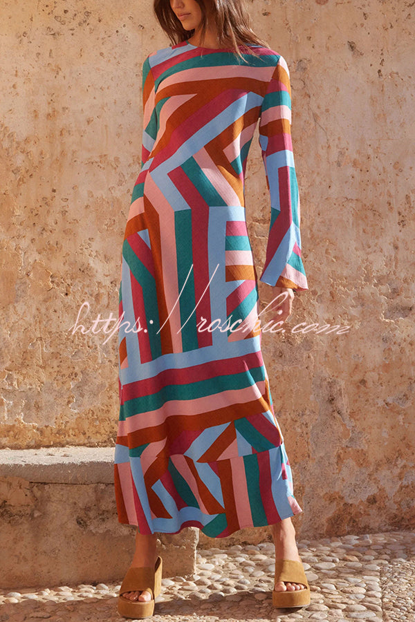 Smooth Lines Color Block Print Long Sleeve Bias Cut Loose Maxi Dress