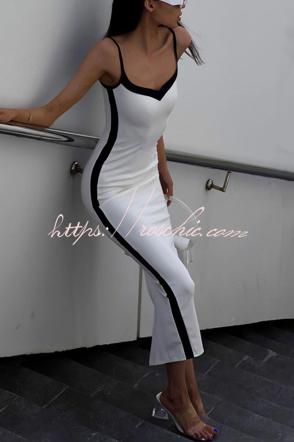 Contrast Color Patchwork Slim Fit Slit Suspender Midi Dress