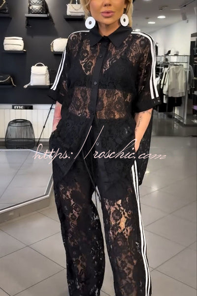 Mix Fashion Lace Striped Trim Short Sleeve Button Shirt and