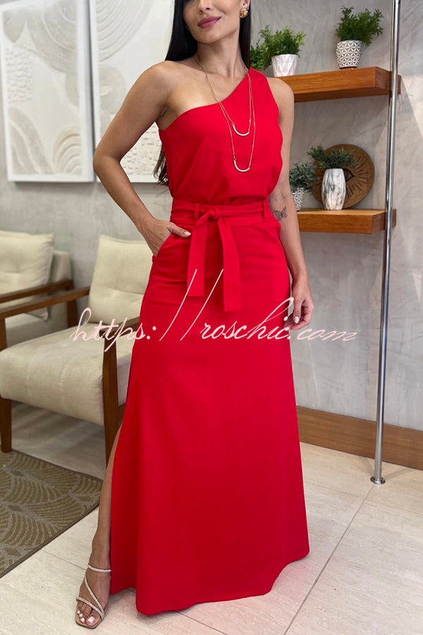 Solid Color One Shoulder Sleeveless Top and High Waisted Slit Tie Up Maxi Skirt Set