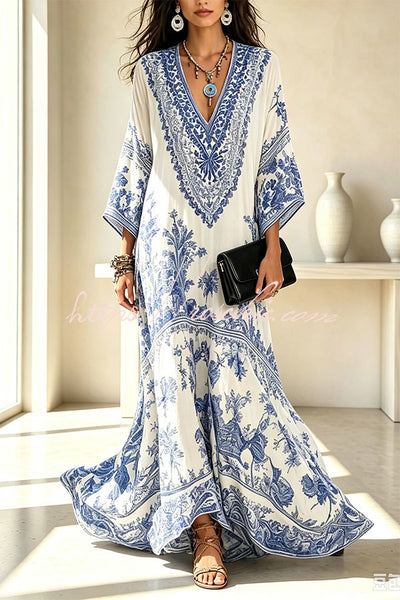 blue and white v neck dress Porcelain Print V-Neck Wide Sleeve Cover-up Maxi Party Wear Royal Blue and feminine impression at Select Sneaker Size:40 64493B09-3