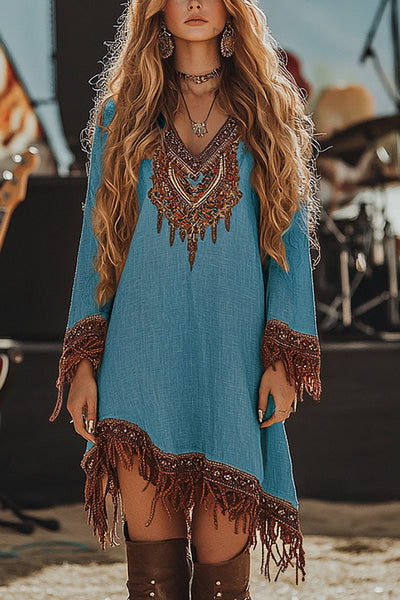 long sleeve dress with fringe boohoo Women's SHOULDER PAD MINI The mini dress silhouette with flowing fringe overlay creates a captivating movement as you walk Unique Printed V-Neck Long Sleeve