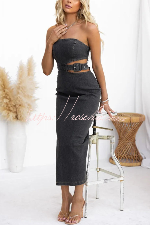 Chatting You Up Washed Denim Cutout Waist Belted Tube Stretch Dress