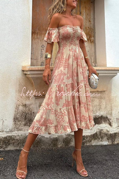 ruffles and roses midi dress Pitaya Unique Print Off Shoulder Smocked Ruffle Sleeve Layered Midi Dress