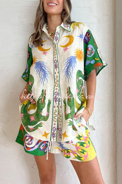 Days of Heaven Linen Blend Unique Print Blouse and Elastic Waist Pock –  roschic