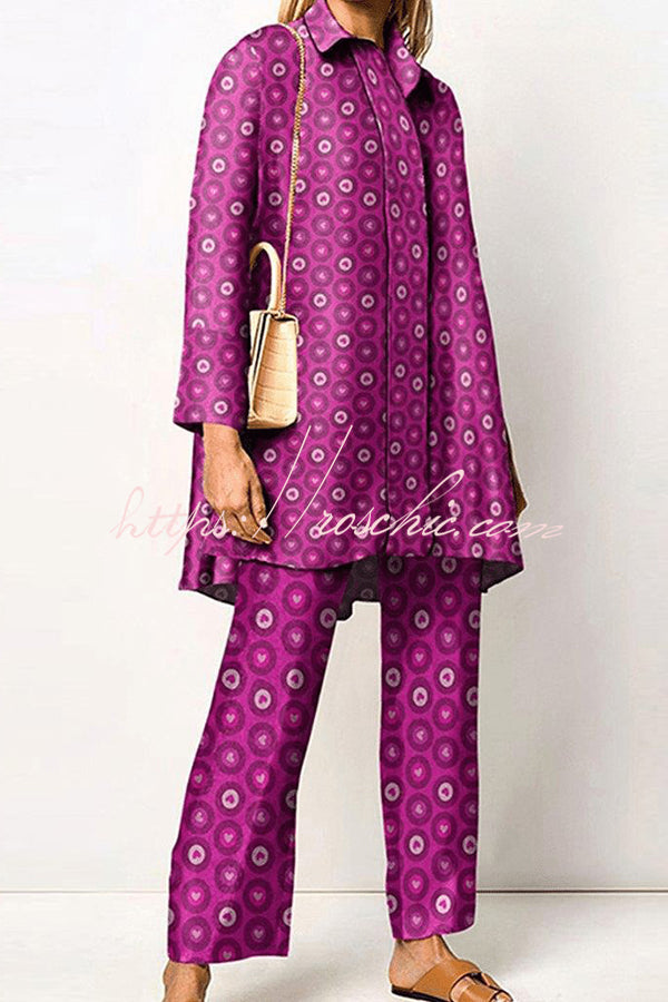 Geometric Print Lapel Long Sleeved Top and Pants Two Piece Set