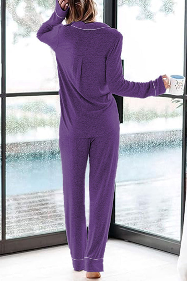 Home-style Loose-fitting Long-sleeved Pocket Shirt and Elastic Waist Casual Pants Set