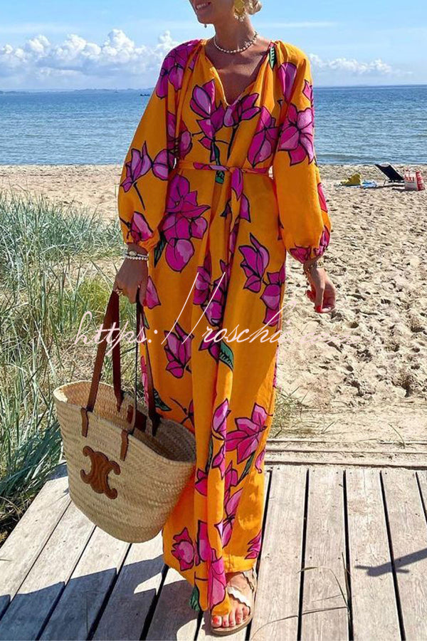 Gramercy Garden Floral Print Pocket Belted Long Sleeve Maxi Dress