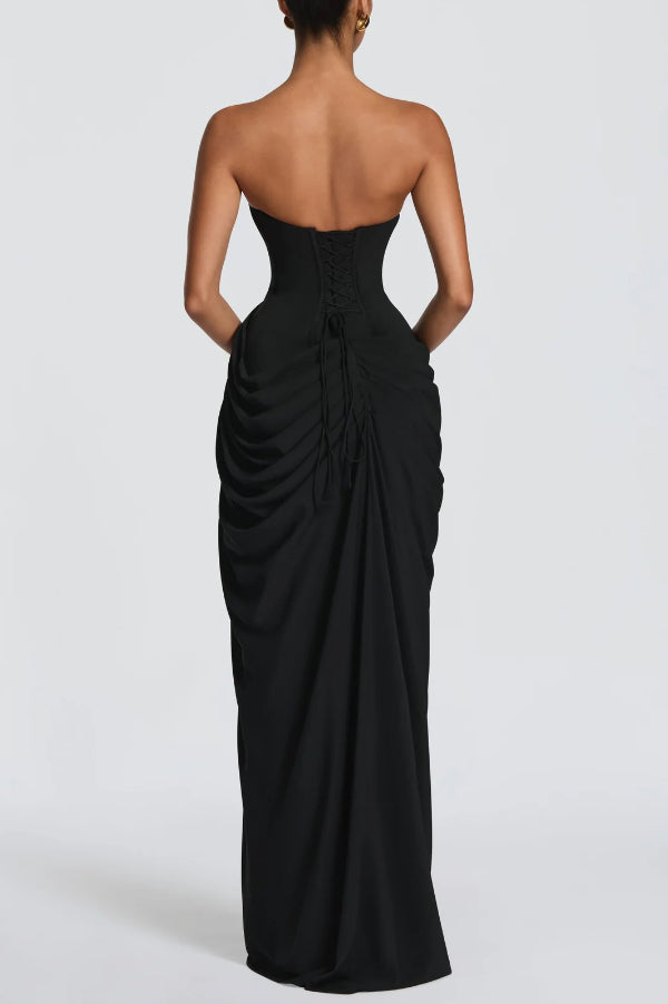 Cyra Chiffon Back Lace-up Asymmetrical Pleats Strapless Slit Maxi Dre –  roschic