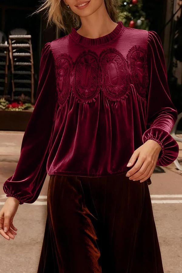 Fashionable Velvet and Lace Patchwork Loose Long-sleeved Top