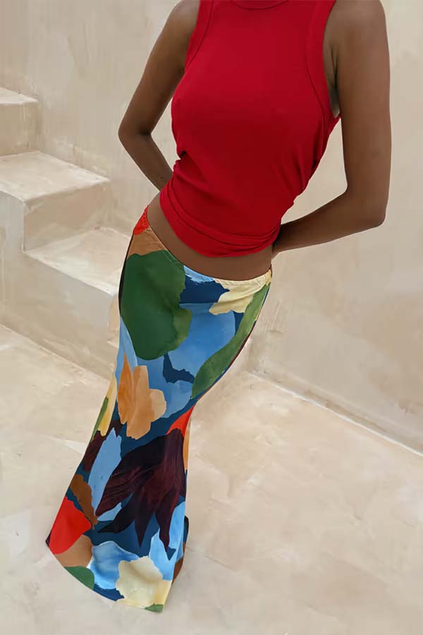 Bright and Bold Satin Abstract Color Blocks Print Elastic Waist Drape Maxi Skirt
