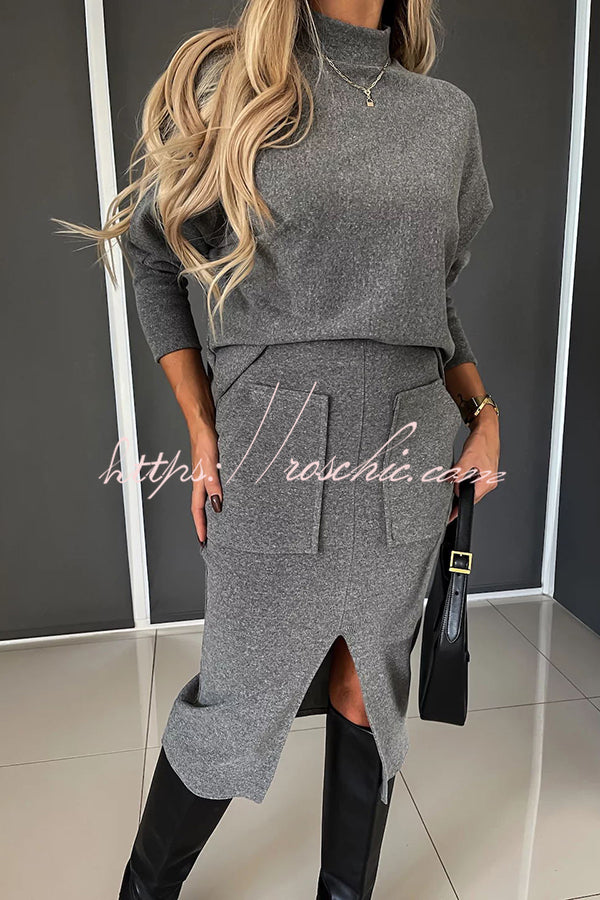 Chill Morning Knit Ribbed High Neck Top and Big Pocket Slit  Stretch Midi Skirt Set