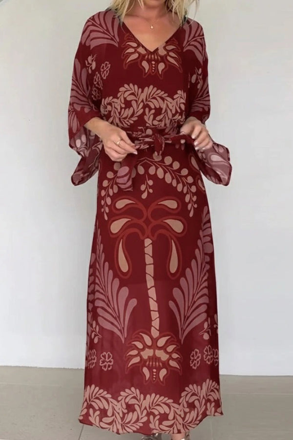 Bohemian Style Unique Printed Chiffon Loose-fitting Belted Maxi Dress, Wine Red / L