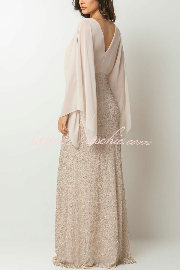 Aleina Chiffon Batwing Sleeve Flower Embroidered Waist Sequin Fabric Maxi Dress