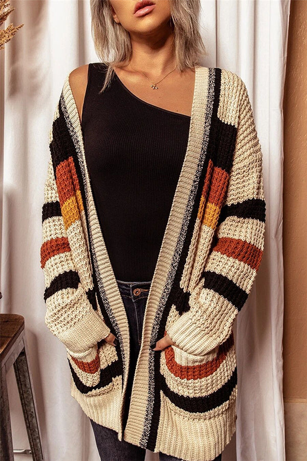 Knitted Striped Printed Loose V-neck Long-sleeved Casual Cardigan