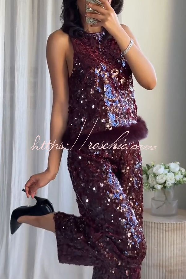 Gala Goddess Sequin Faux Fur Trim Crew Neck Sleeveless Loose Top