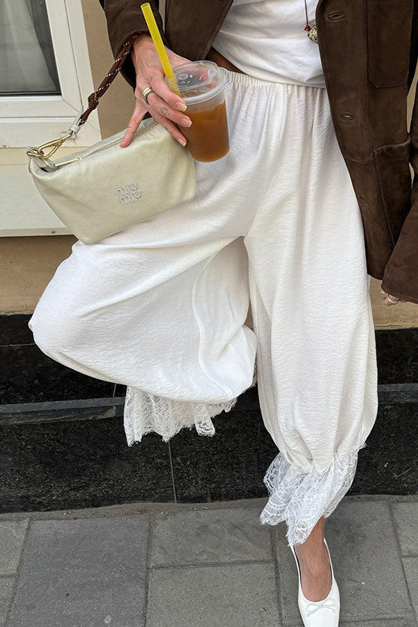 Solid Color Lace Splicing Casual Elastic Waist Loose Pants