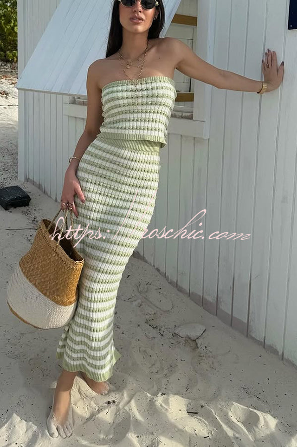 Bahamas Beach Knit Colorblock Stripes Bandeau Top and High Rise Stretch Maxi Skirt Set