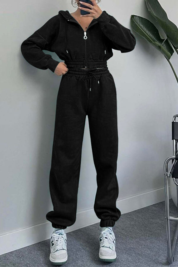 Hooded Zip Up Waist Sweatshirt and Elastic Waist Lace Up Pants Set