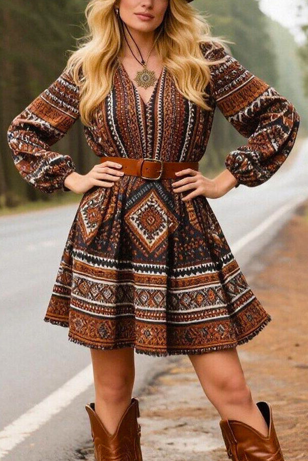 Bohemian Style V-neck Fitted Waist Casual Mini Dress