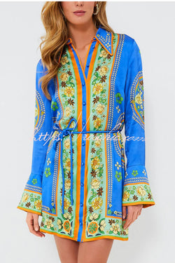 Katia Satin Unique Print Shaped Collar Tie-up Waist Shirt Mini Dress