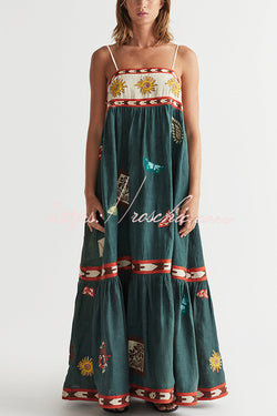 Unique Printed Sexy Suspender Backless Large Hem Maxi Dress