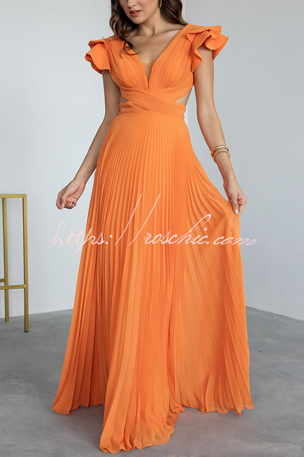 Seville Pleated Layered Ruffle Sleeve Cutout Back Lace-up Maxi Dress