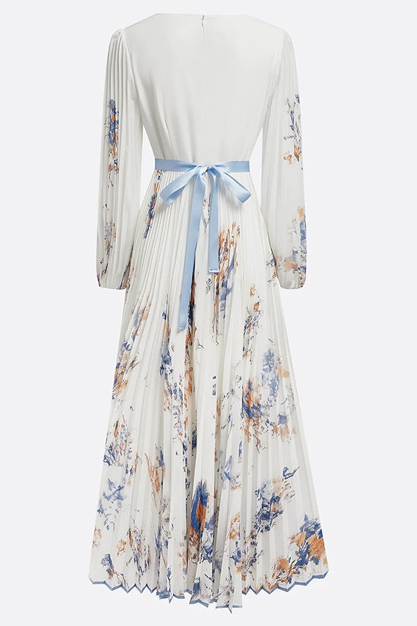 Unique Printed V-Neck Long Sleeve Bow Tie Waist Holiday Maxi Dress