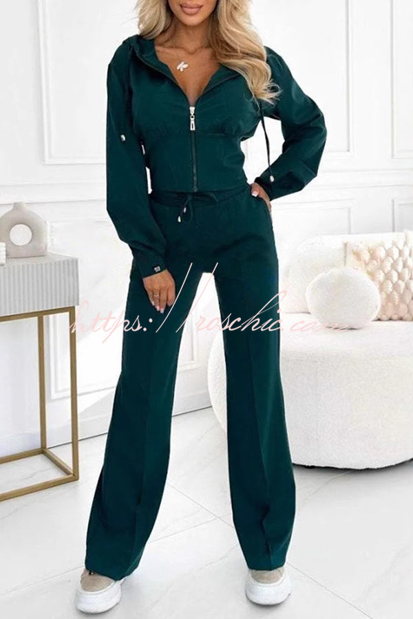 Solid Color Hooded Zip-up Jacket and Elastic Waist Pocket Wide-leg Pants Set