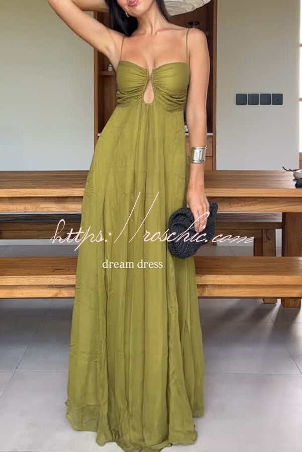 Soft and Elegant Metal Hollow Design Back Smocked A-line Slip Maxi Dress
