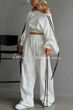 Contrast Color Webbing Casual Sweatshirt and Elastic Waist Tie Loose Pants Set