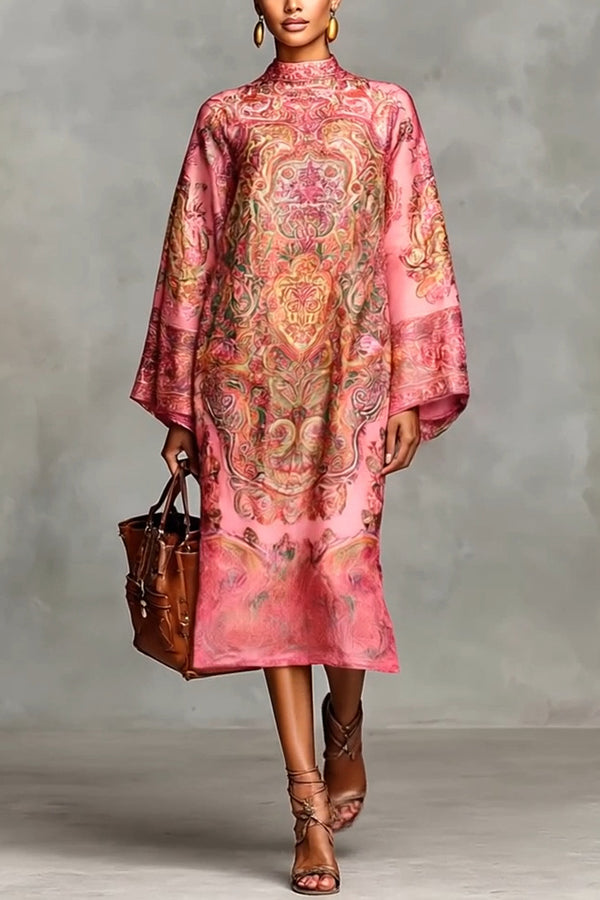 long sleeve loose midi dress Midi dress with a draped waist and loose sleeves :: LICHI