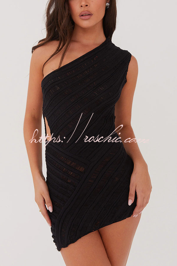 Solid Color Sexy One Shoulder Hollow Stitching Slim Fit Knitted Mini Dress