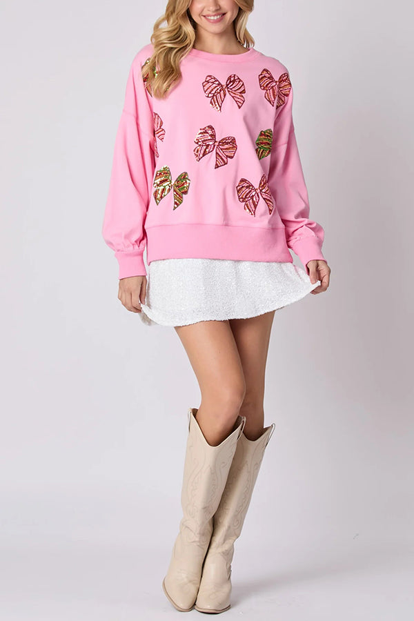 Christmas Bow Sequin Loose Casual Long Sleeve Sweatshirt