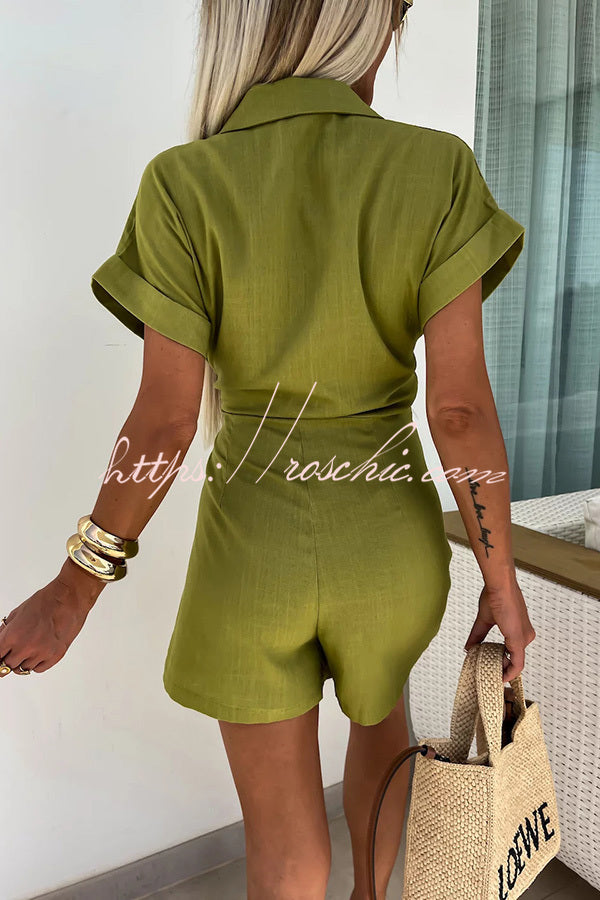 Relaxing Beach Linen Blend Solid Color Wrap Loose Shirt Romper