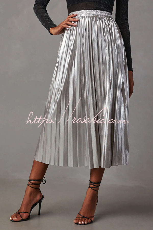 Yuletide Glow  Metallic Fabric Pleated Elastic Waist Midi Skirt