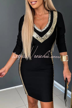 Moon River Sequin Gold Patchwork V Neck Long Sleeved Mini Dress