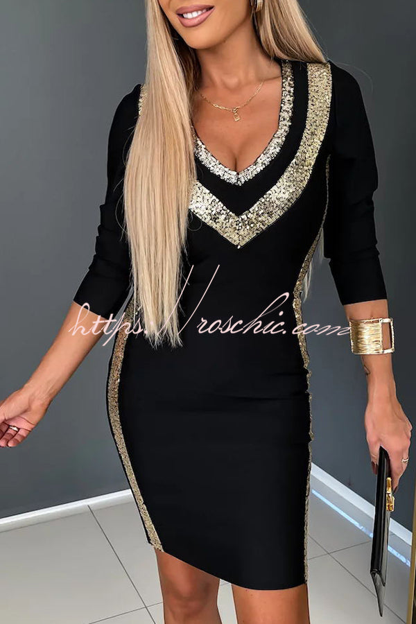 Moon River Sequin Gold Patchwork V Neck Long Sleeved Mini Dress