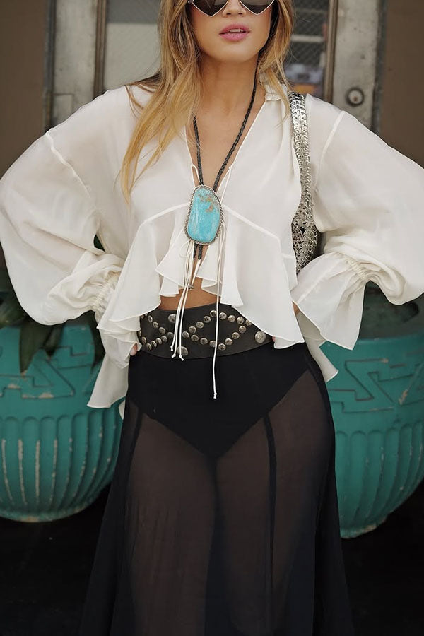 Boho Forever Chiffon Ruffles Balloon Sleeve Tie-up Blouse