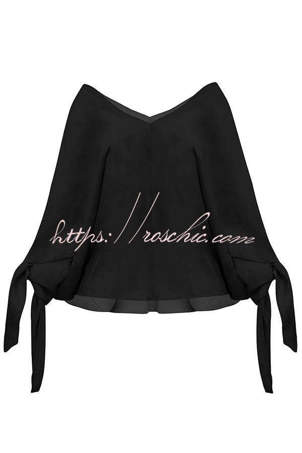 Joyful Bond Linen Blend V-neck Knotted Cuff Half Sleeve Loose Top