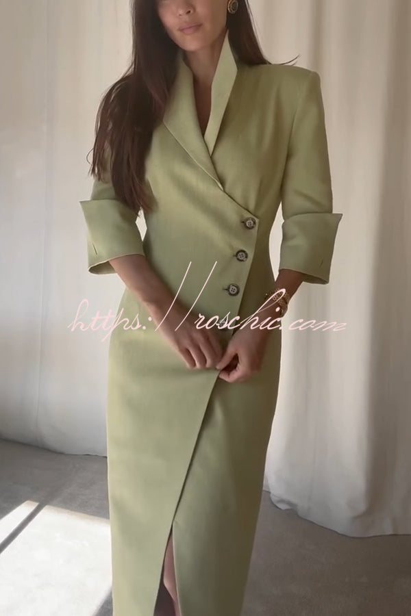 Elegant Look Linen Blend Stand Lapel Neck Half Sleeve Side Button Midi Dress