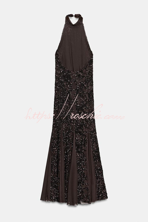 Twilight Gleam Sequin Textured Tulle Hem Halter Backless Maxi Dress