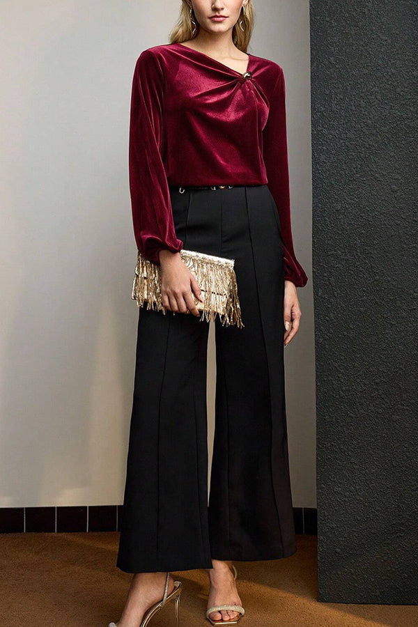 Fashionable Velvet Pleated Long-sleeved Knotted Casual Top