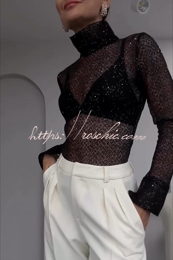 Shimmering Twilight Sequin Turtleneck Long Slit Sleeve H-line Blouse